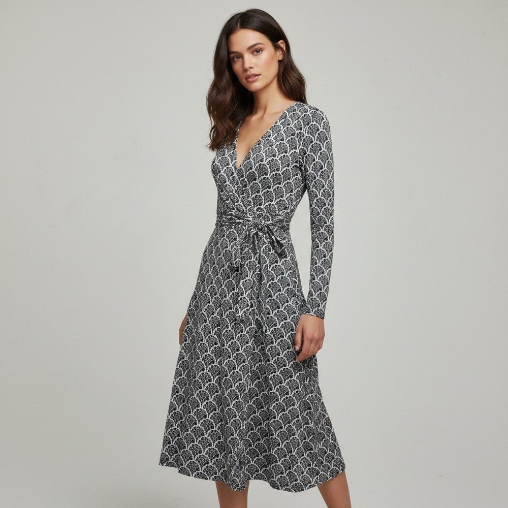 Boden Womens Black White Damask Fan Faux Wrap Midi Dress US 8R Long Sleeve
